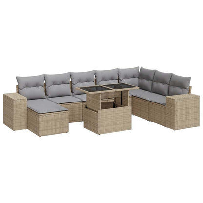 9-tlg. Garten-Sofagarnitur mit Kissen Beige Poly Rattan