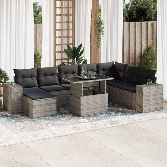 9-tlg. Garten-Sofagarnitur mit Kissen Grau Poly Rattan