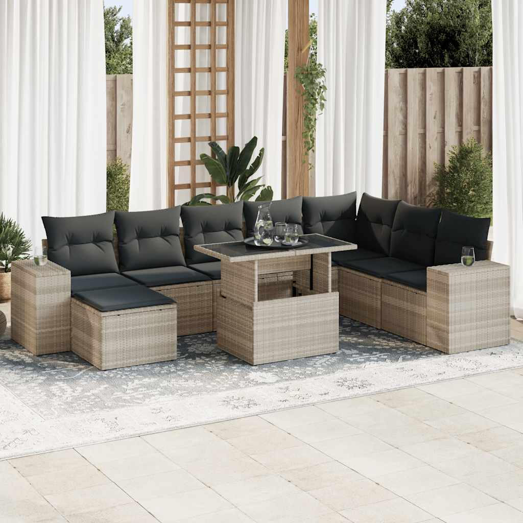 9-tlg. Garten-Sofagarnitur mit Kissen Hellgrau Poly Rattan