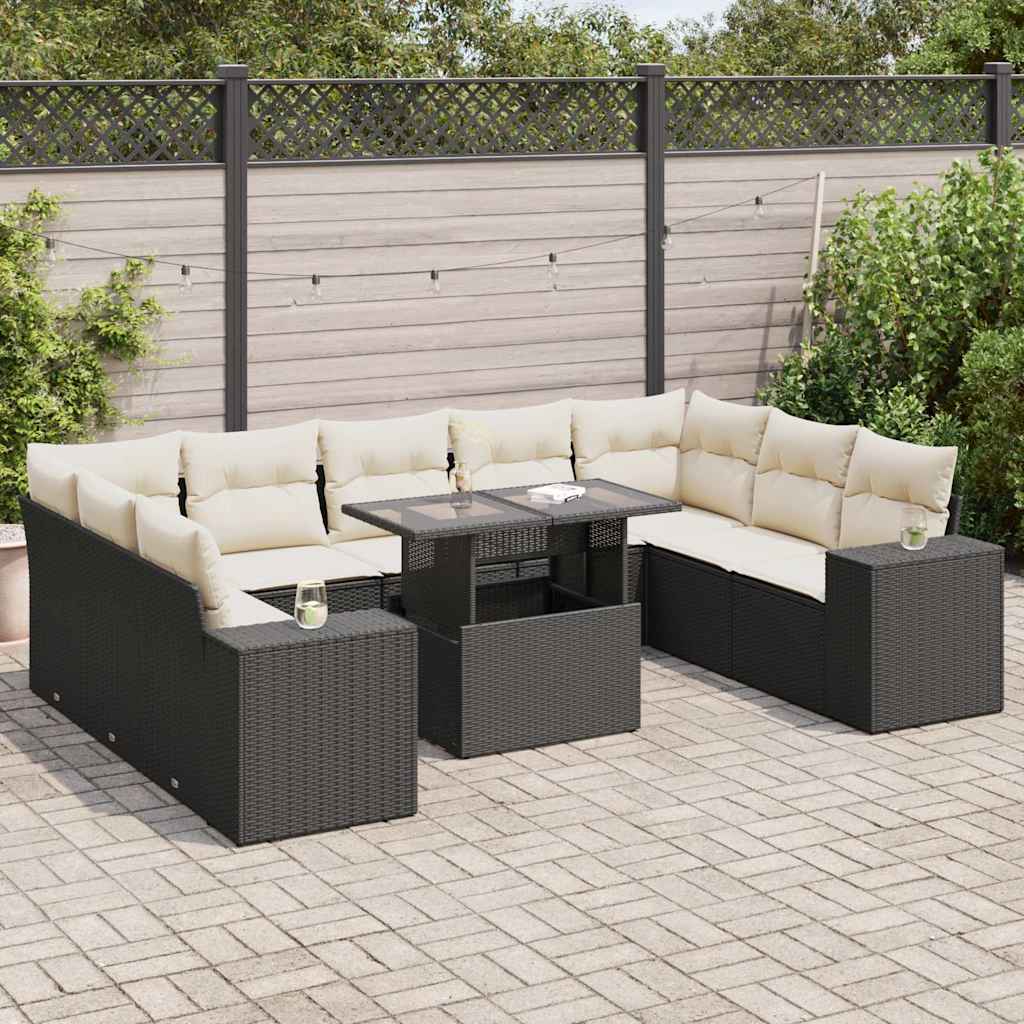 10-tlg. Garten-Sofagarnitur mit Kissen Schwarz Poly Rattan