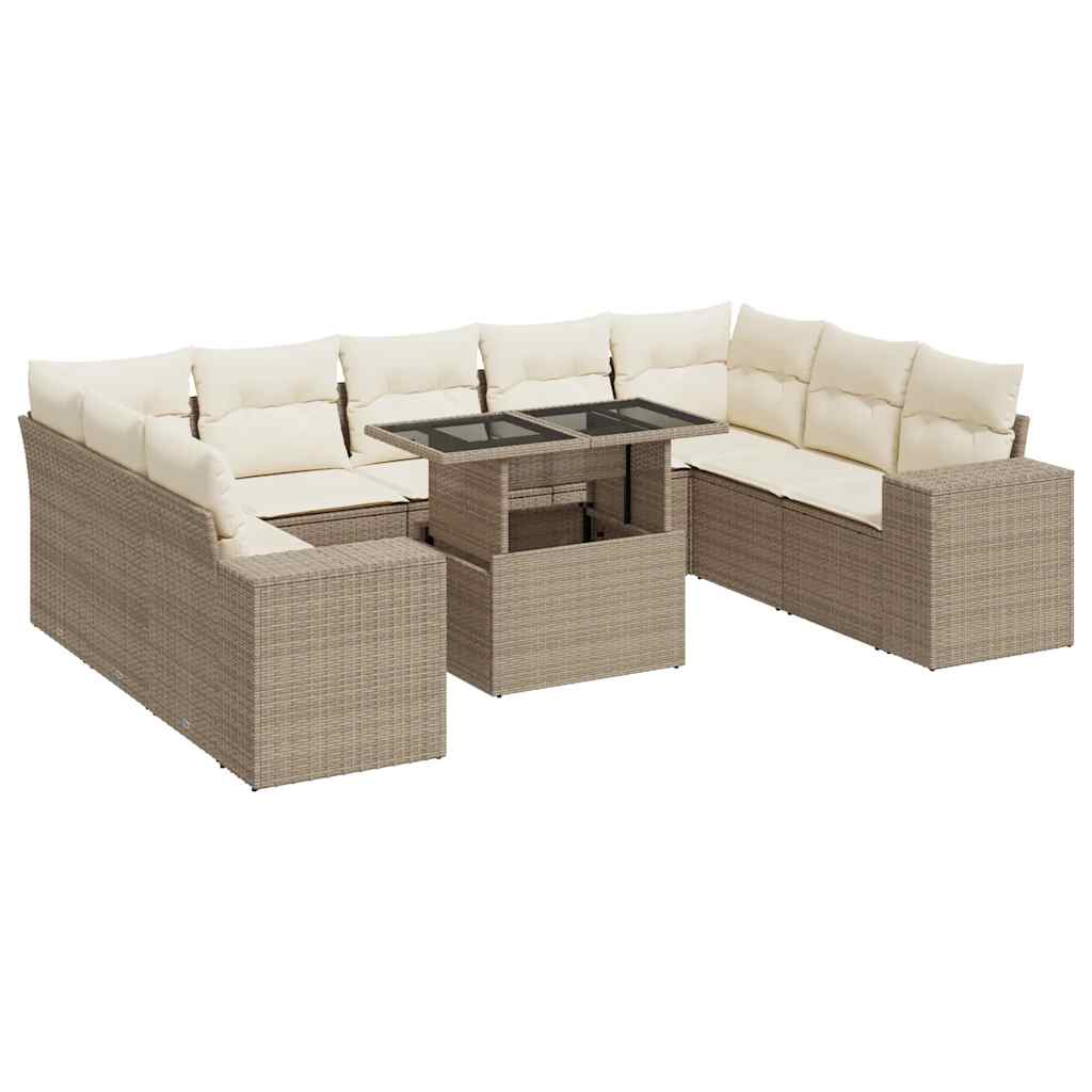 10-tlg. Garten-Sofagarnitur mit Kissen Beige Poly Rattan