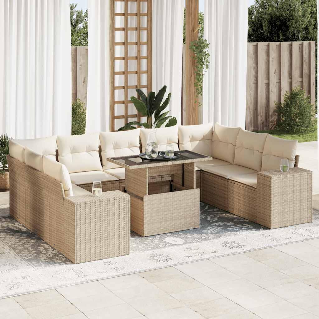 10-tlg. Garten-Sofagarnitur mit Kissen Beige Poly Rattan