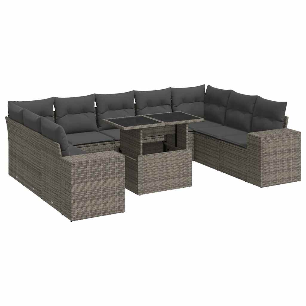 10-tlg. Garten-Sofagarnitur mit Kissen Grau Poly Rattan