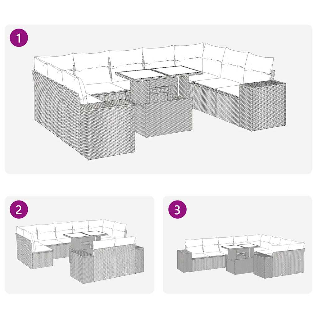 10-tlg. Garten-Sofagarnitur mit Kissen Grau Poly Rattan