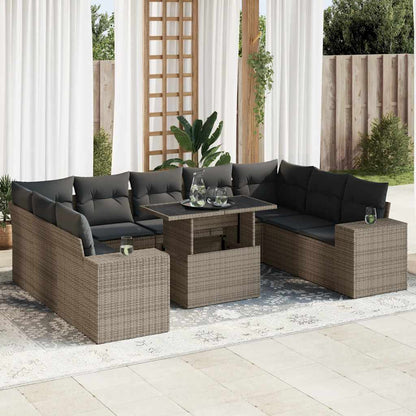 10-tlg. Garten-Sofagarnitur mit Kissen Grau Poly Rattan