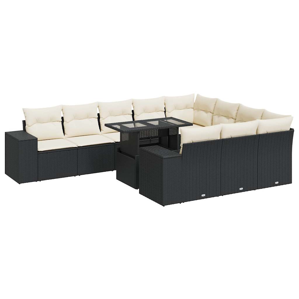 11-tlg. Garten-Sofagarnitur mit Kissen Schwarz Poly Rattan