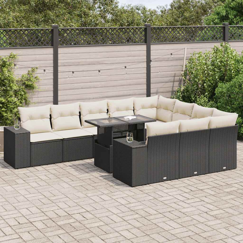 11-tlg. Garten-Sofagarnitur mit Kissen Schwarz Poly Rattan