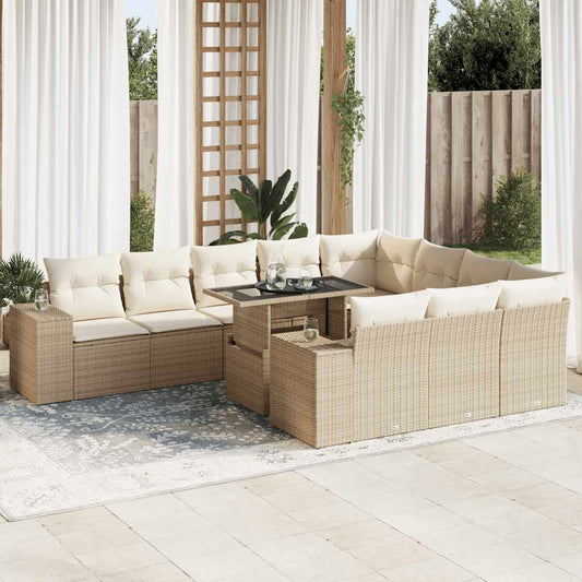 11-tlg. Garten-Sofagarnitur mit Kissen Beige Poly Rattan