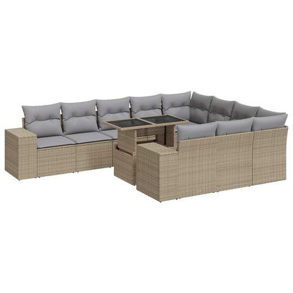 11-tlg. Garten-Sofagarnitur mit Kissen Beige Poly Rattan