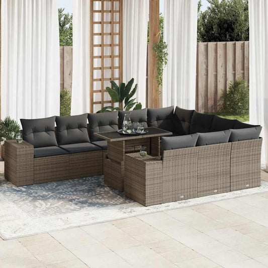 11-tlg. Garten-Sofagarnitur mit Kissen Grau Poly Rattan