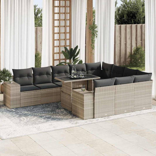 11-tlg. Garten-Sofagarnitur mit Kissen Hellgrau Poly Rattan