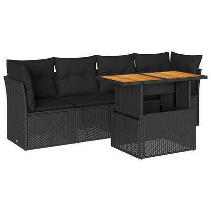 5-tlg. Garten-Sofagarnitur mit Kissen Schwarz Poly Rattan