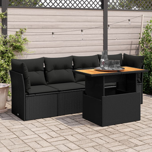 5-tlg. Garten-Sofagarnitur mit Kissen Schwarz Poly Rattan