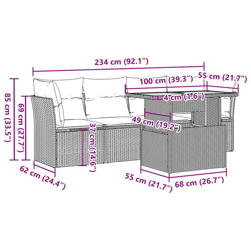 5-tlg. Garten-Sofagarnitur mit Kissen Schwarz Poly Rattan