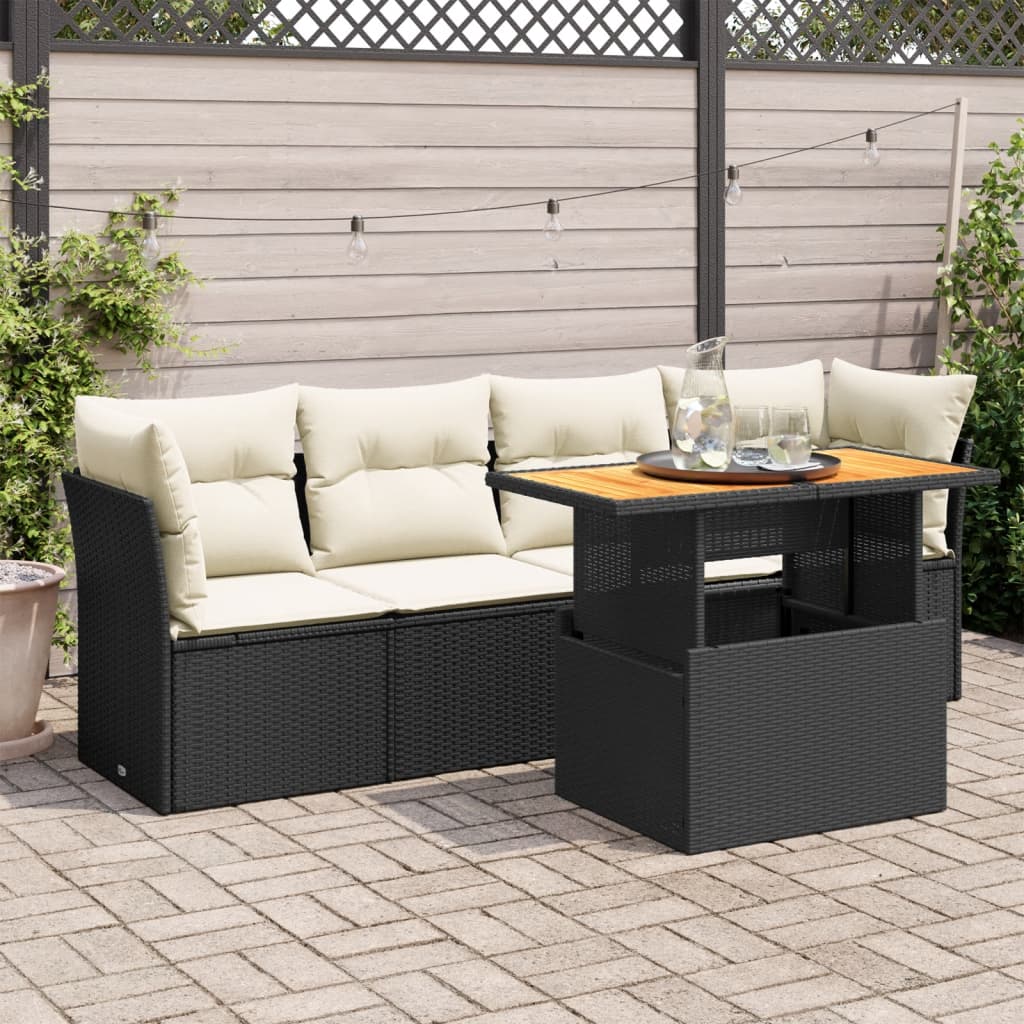 5-tlg. Garten-Sofagarnitur mit Kissen Schwarz Poly Rattan