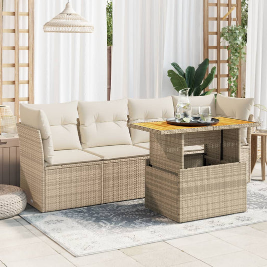 5-tlg. Garten-Sofagarnitur mit Kissen Beige Poly Rattan