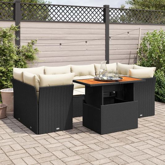 7-tlg. Garten-Sofagarnitur mit Kissen Schwarz Poly Rattan