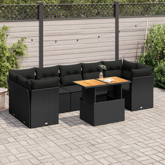 8-tlg. Garten-Sofagarnitur mit Kissen Schwarz Poly Rattan