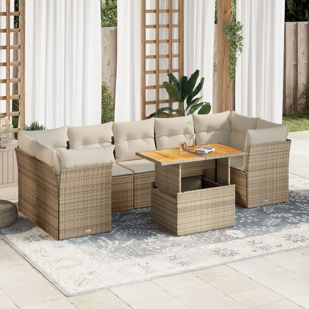 8-tlg. Garten-Sofagarnitur mit Kissen Beige Poly Rattan