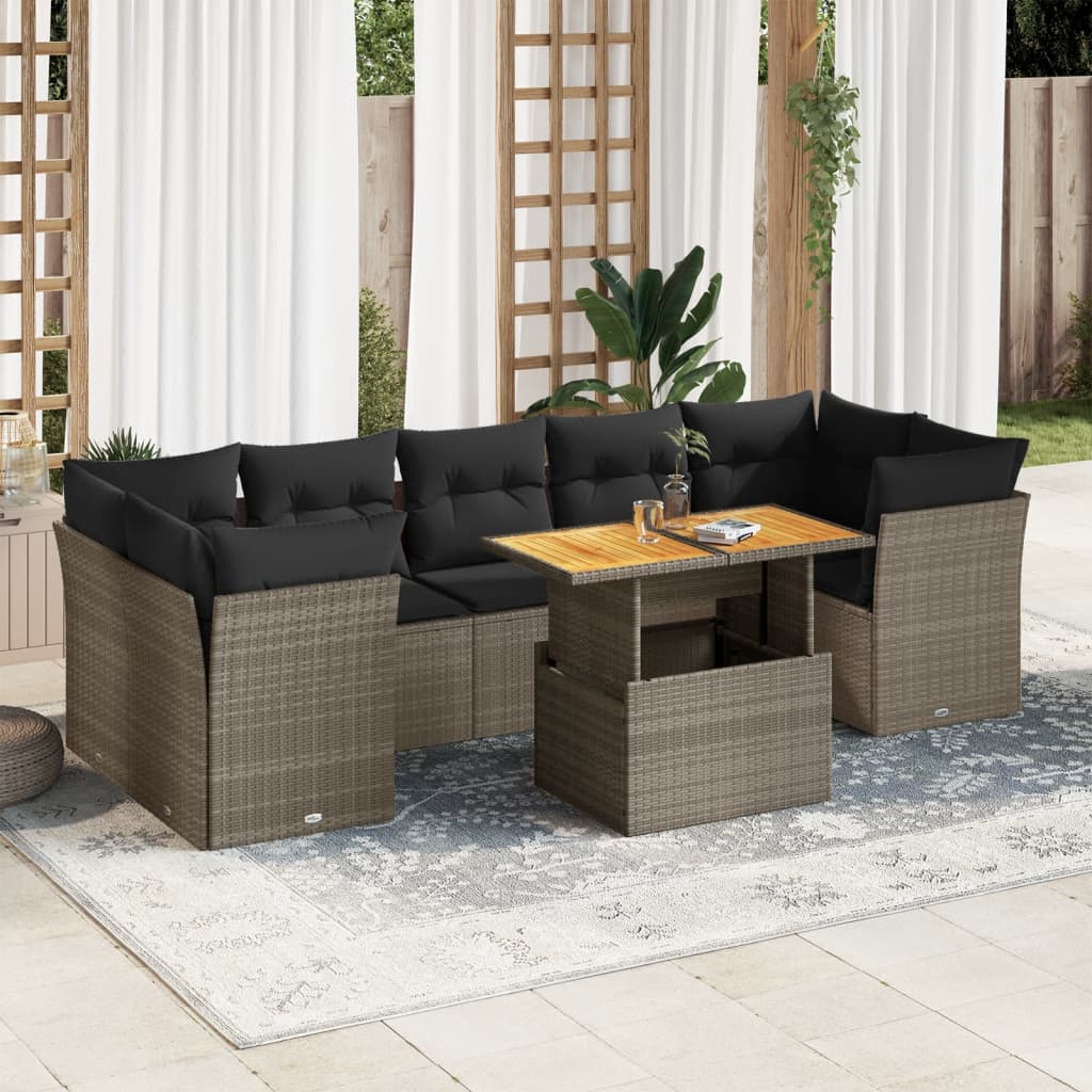 8-tlg. Garten-Sofagarnitur mit Kissen Grau Poly Rattan