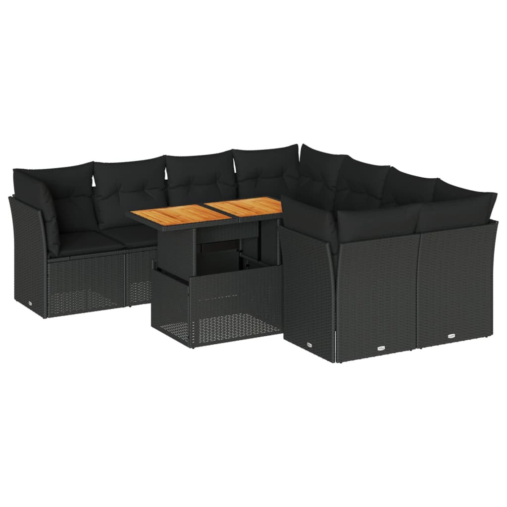 9-tlg. Garten-Sofagarnitur mit Kissen Schwarz Poly Rattan