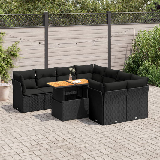 9-tlg. Garten-Sofagarnitur mit Kissen Schwarz Poly Rattan