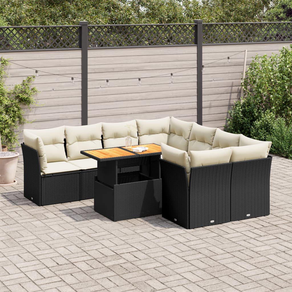 9-tlg. Garten-Sofagarnitur mit Kissen Schwarz Poly Rattan