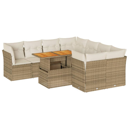 9-tlg. Garten-Sofagarnitur mit Kissen Beige Poly Rattan