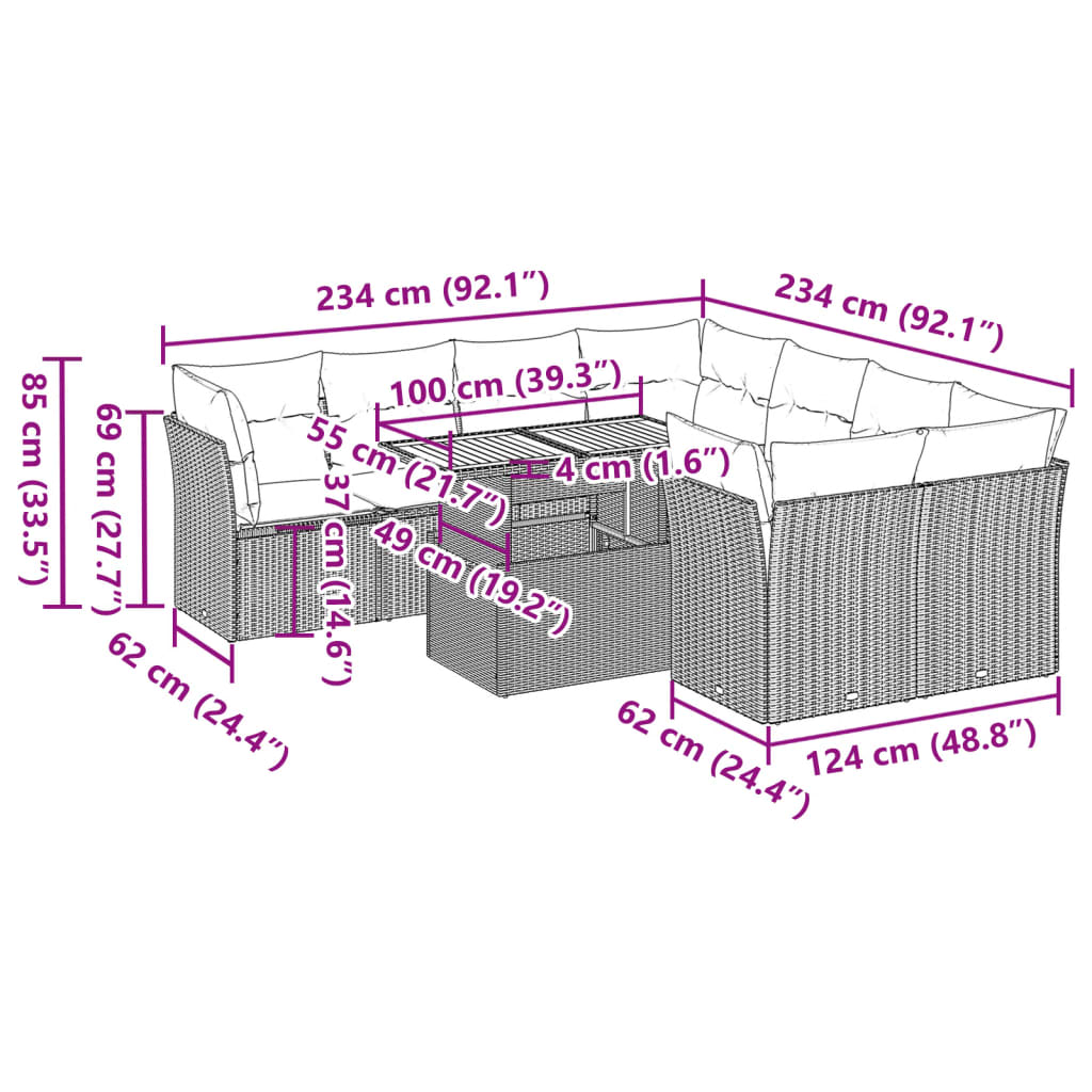 9-tlg. Garten-Sofagarnitur mit Kissen Beige Poly Rattan