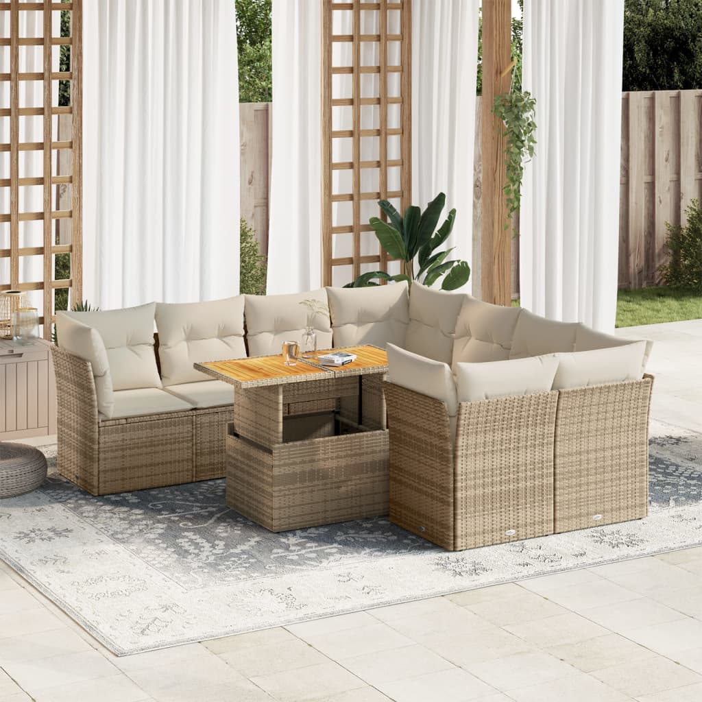 9-tlg. Garten-Sofagarnitur mit Kissen Beige Poly Rattan