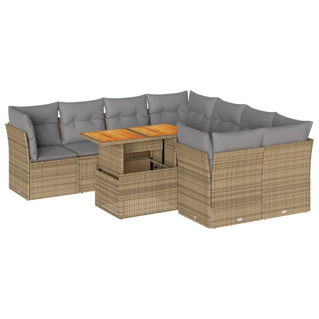 9-tlg. Garten-Sofagarnitur mit Kissen Beige Poly Rattan