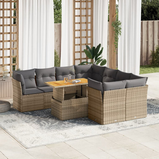 9-tlg. Garten-Sofagarnitur mit Kissen Beige Poly Rattan