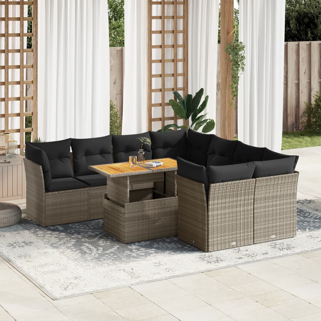 9-tlg. Garten-Sofagarnitur mit Kissen Grau Poly Rattan