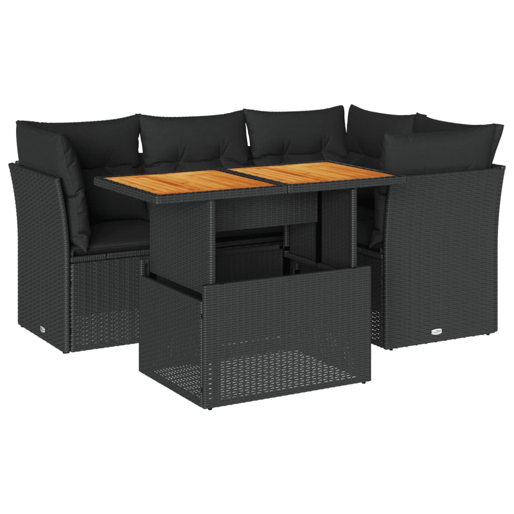 5-tlg. Garten-Sofagarnitur mit Kissen Schwarz Poly Rattan