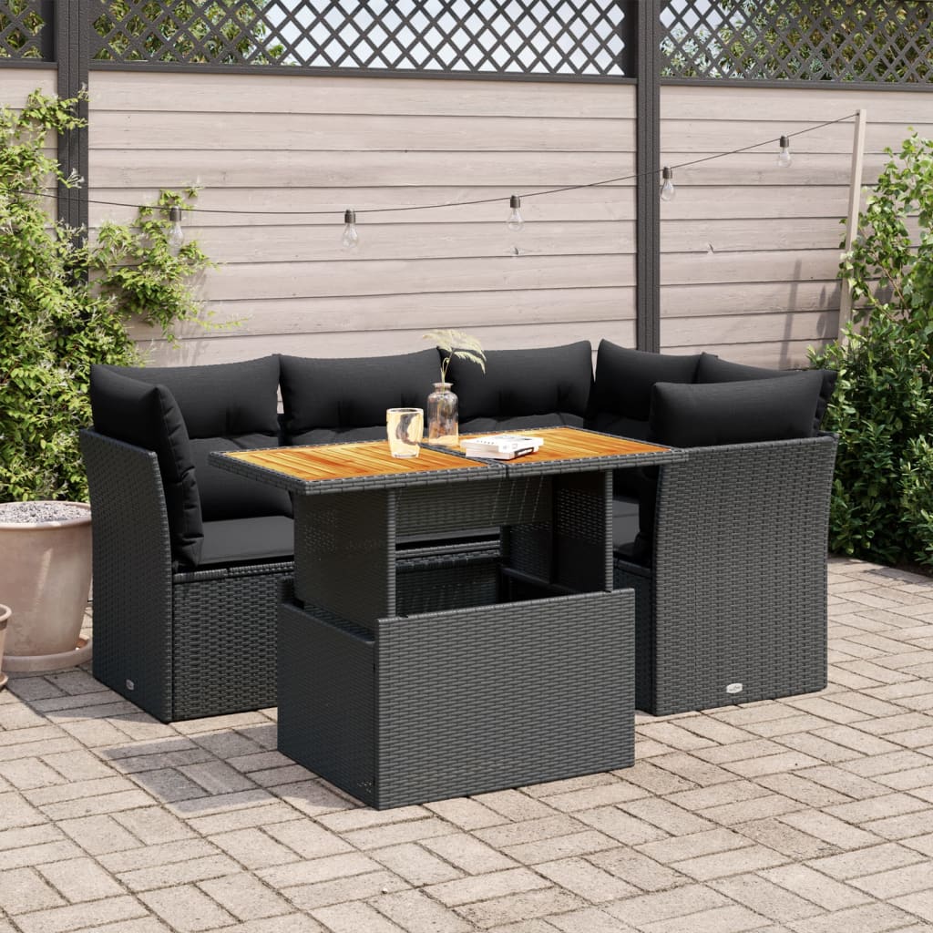 5-tlg. Garten-Sofagarnitur mit Kissen Schwarz Poly Rattan