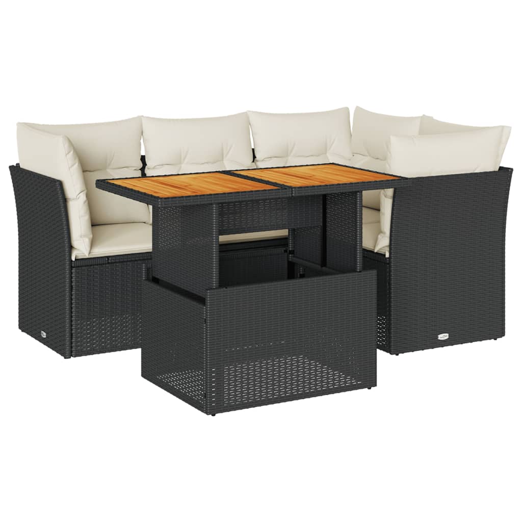 5-tlg. Garten-Sofagarnitur mit Kissen Schwarz Poly Rattan