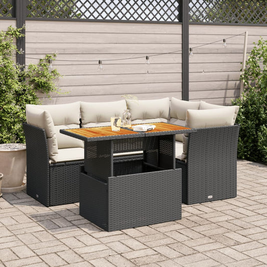 5-tlg. Garten-Sofagarnitur mit Kissen Schwarz Poly Rattan