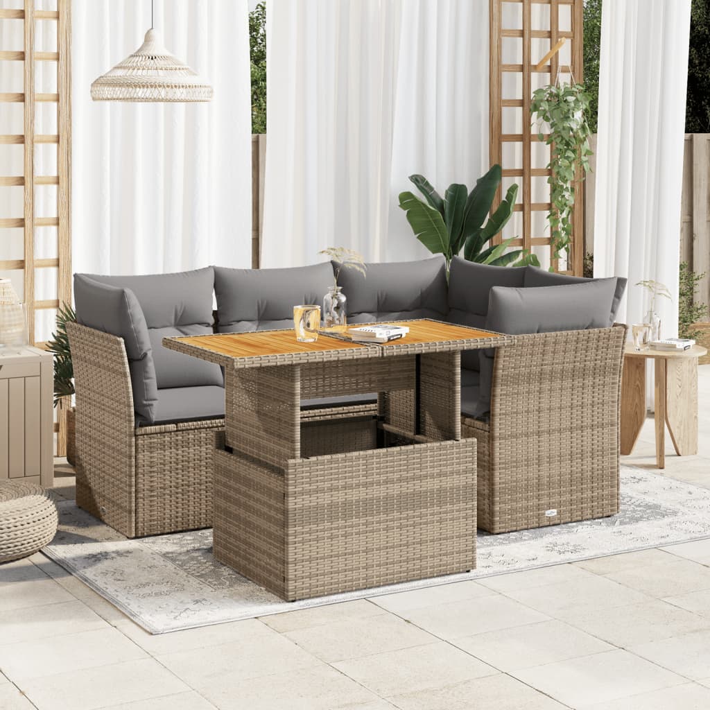 5-tlg. Garten-Sofagarnitur mit Kissen Beige Poly Rattan