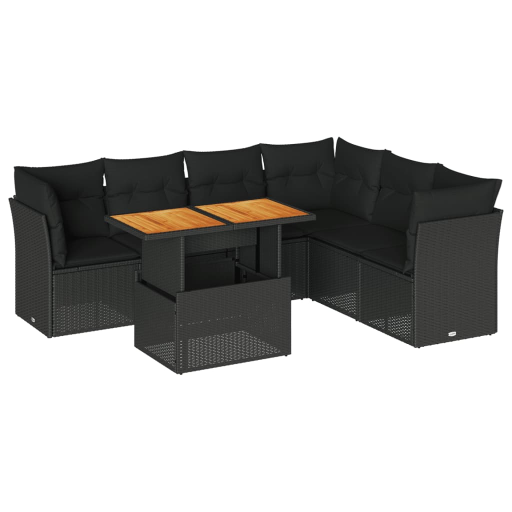 7-tlg. Garten-Sofagarnitur mit Kissen Schwarz Poly Rattan