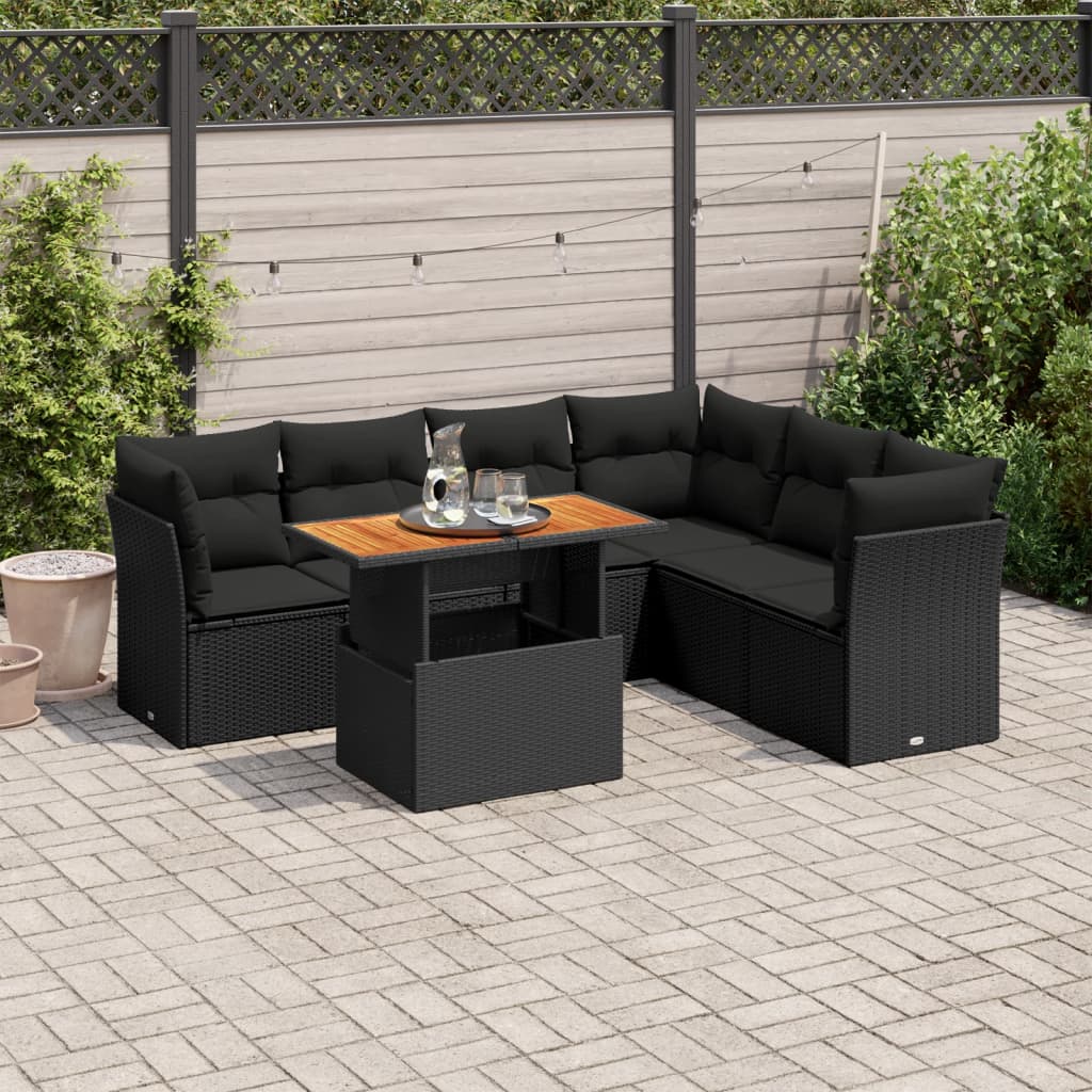 7-tlg. Garten-Sofagarnitur mit Kissen Schwarz Poly Rattan