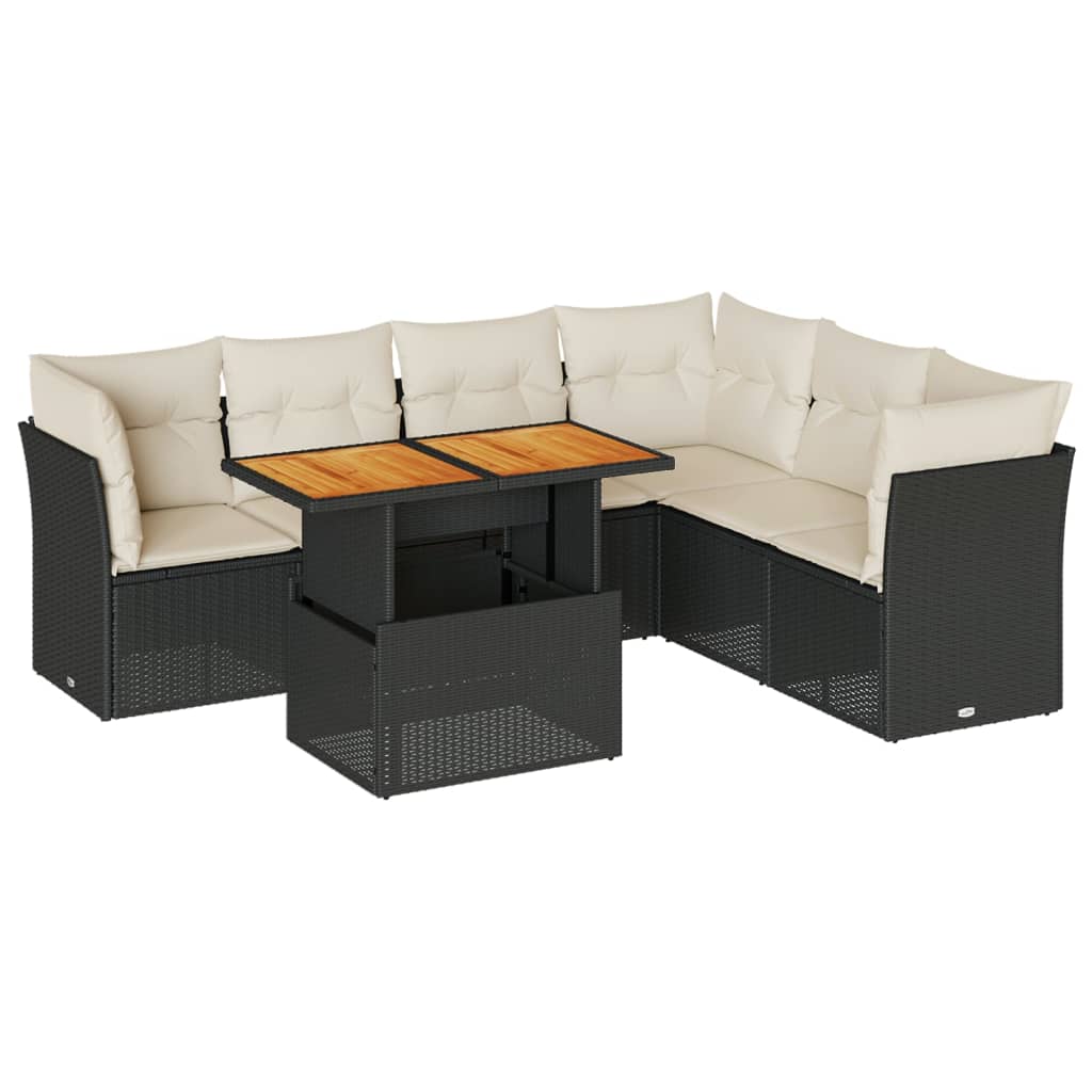 7-tlg. Garten-Sofagarnitur mit Kissen Schwarz Poly Rattan