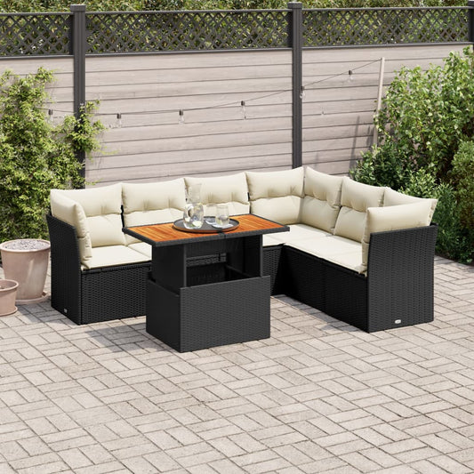 7-tlg. Garten-Sofagarnitur mit Kissen Schwarz Poly Rattan