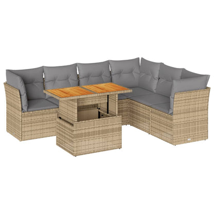 7-tlg. Garten-Sofagarnitur mit Kissen Beige Poly Rattan