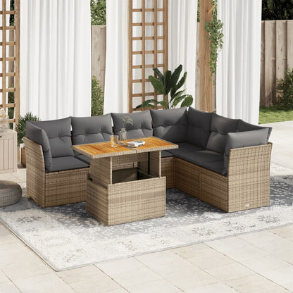 7-tlg. Garten-Sofagarnitur mit Kissen Beige Poly Rattan