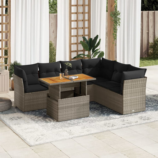 7-tlg. Garten-Sofagarnitur mit Kissen Grau Poly Rattan