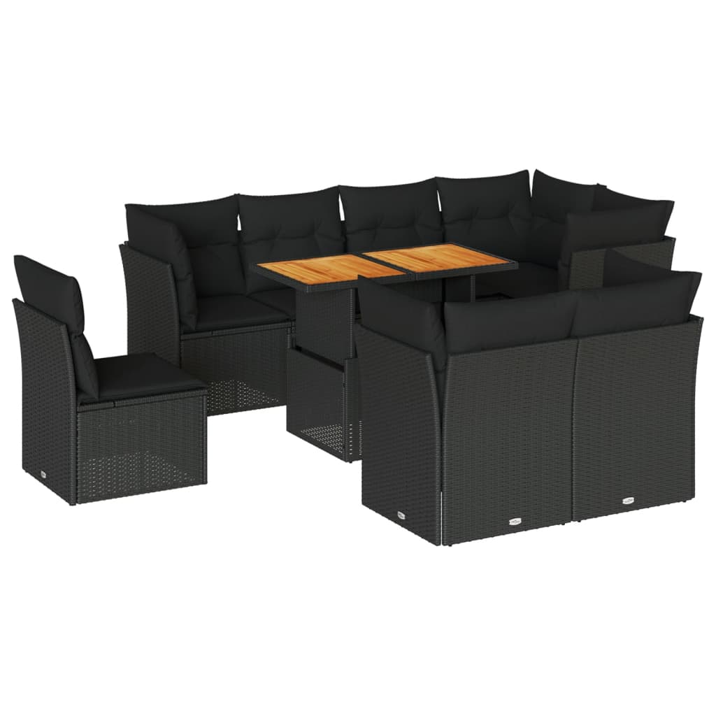 9-tlg. Garten-Sofagarnitur mit Kissen Schwarz Poly Rattan