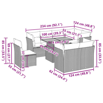 9-tlg. Garten-Sofagarnitur mit Kissen Schwarz Poly Rattan