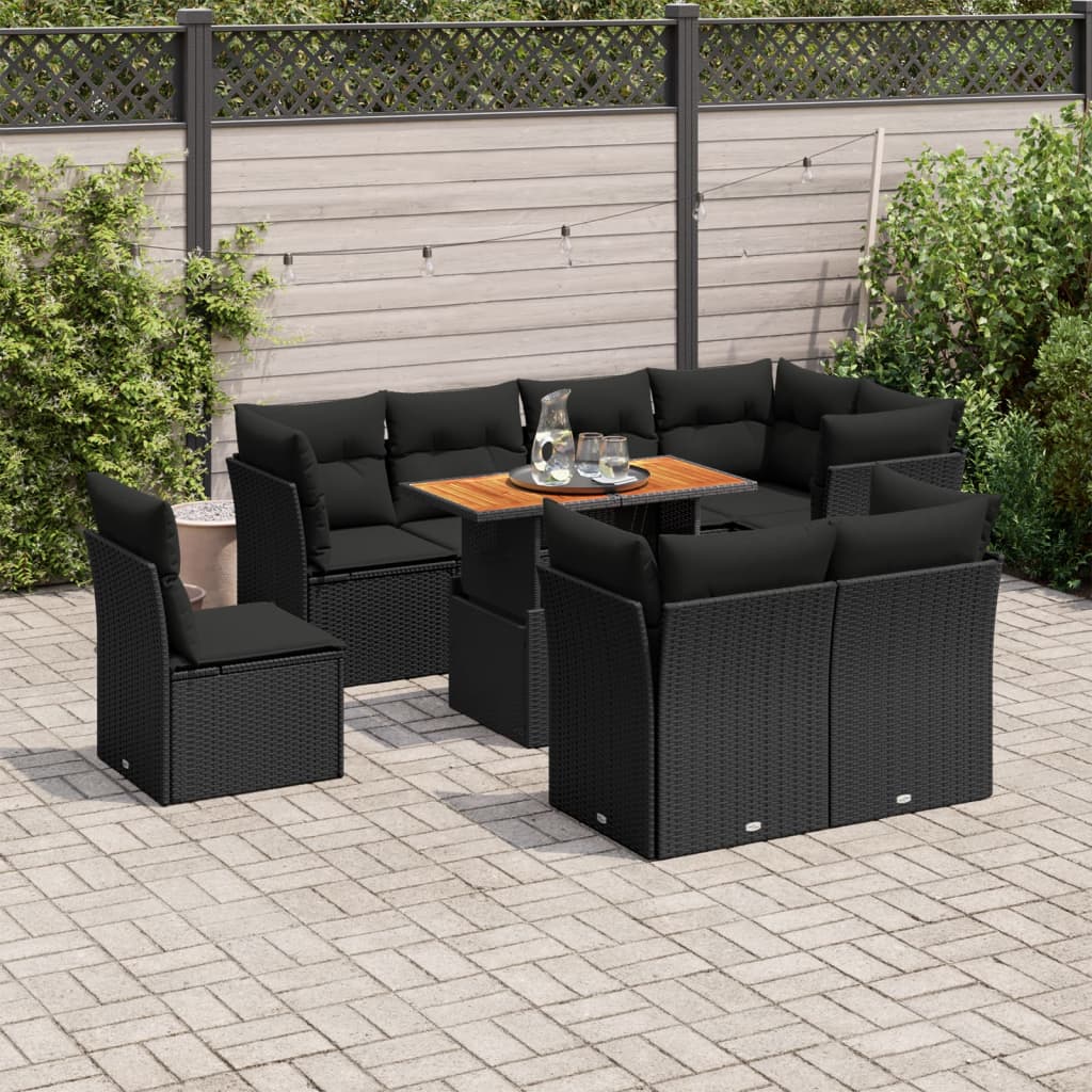 9-tlg. Garten-Sofagarnitur mit Kissen Schwarz Poly Rattan