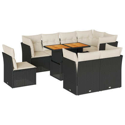 9-tlg. Garten-Sofagarnitur mit Kissen Schwarz Poly Rattan