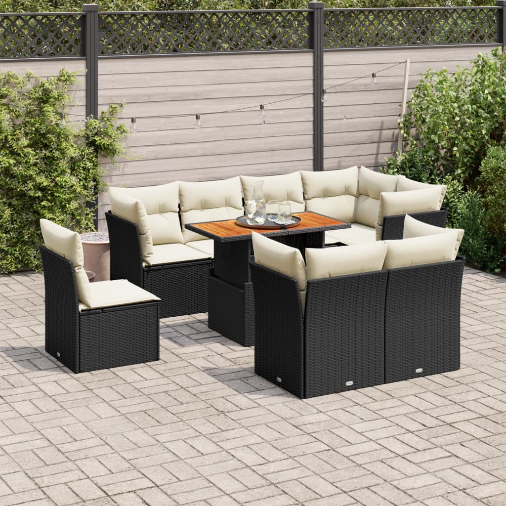 9-tlg. Garten-Sofagarnitur mit Kissen Schwarz Poly Rattan